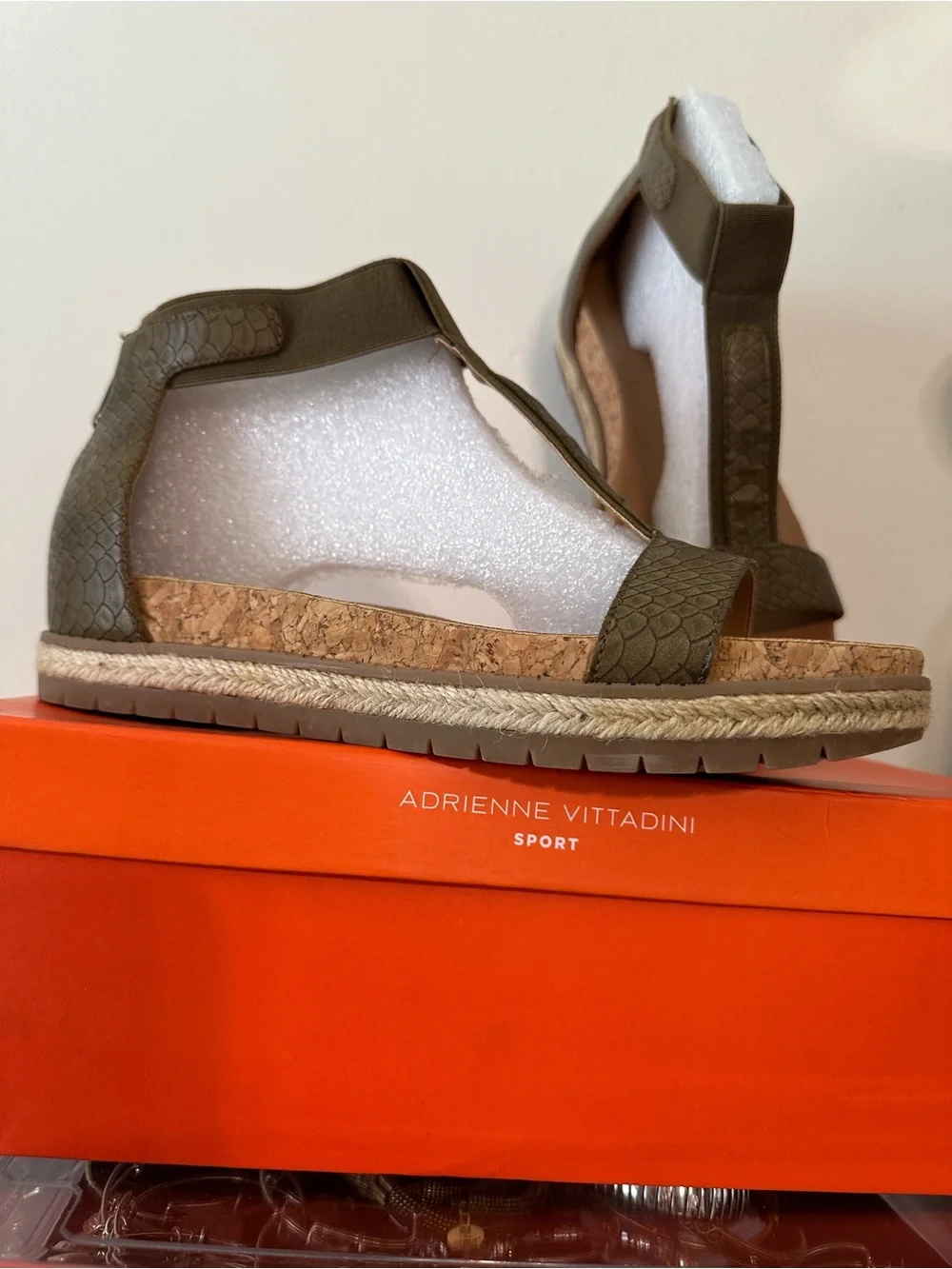 Adrienne Vittadini Olive Textured T-Strap Cork Platform Sandal